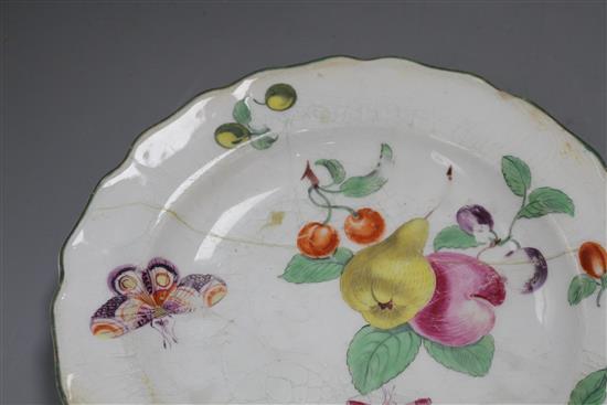 A Chelsea red anchor artichoke plate and a similar fruit and butterfly plate, c.1755, 21.8 and 22cm